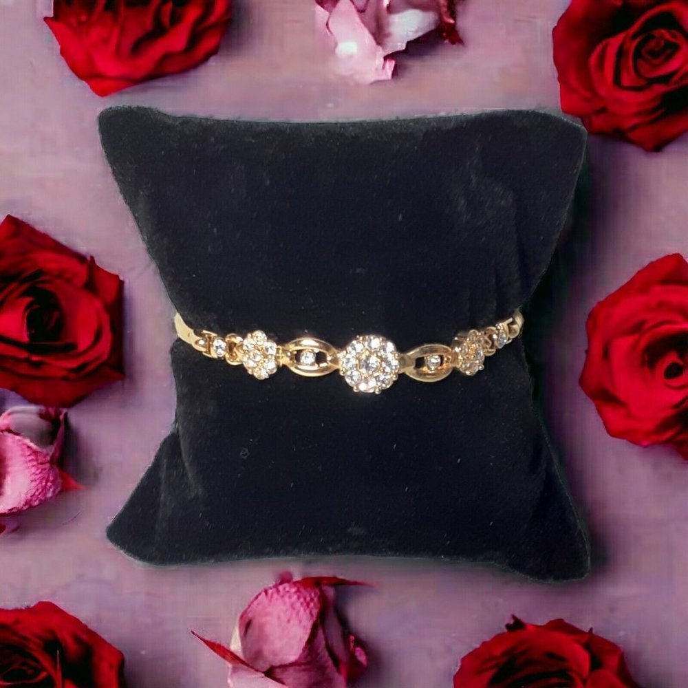 S.P. Marked Tennis Bracelet Crystal Rhinestones Gold Tone Elegant Dressy Vintage